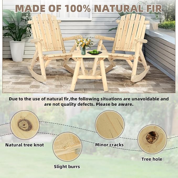 3-Piece Outdoor Wood Rocking Bistro Set, Rustic Adirondack Rocker Chair Set with High Back & Slatted Seat and Side Table, Patio Wooden Conversation Set for Indoor, Deck, Garden, Porch, Natural
