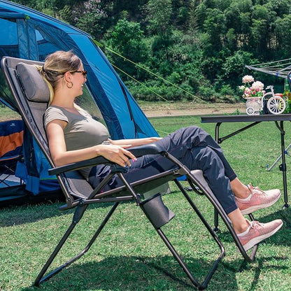 TIMBER RIDGE Aluminum Zero Gravity Chairs, Folding Recliner Chair Padded with Cup Holder and Headrest, Adjustable Lounge Reclining Chair for Outdoor Camping Lawn Patio Indoor, Supports 350lbs, Brown