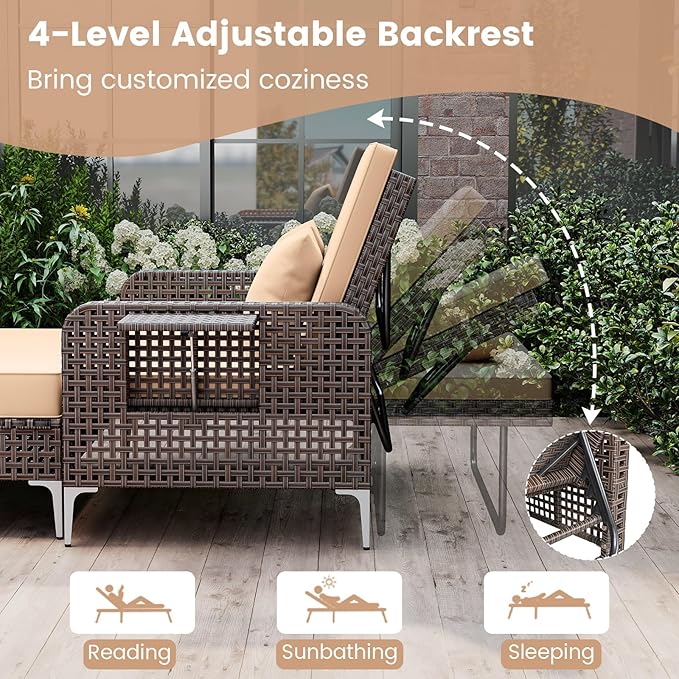 Tangkula Patio Rattan Daybed with 4-Level Adjustable Backrest, Boho Outdoor Wicker Loveseat & Storage Ottoman with Cushion, 2-Person Sun Lounger with Folding Tables for Poolside, Backyard & Garden