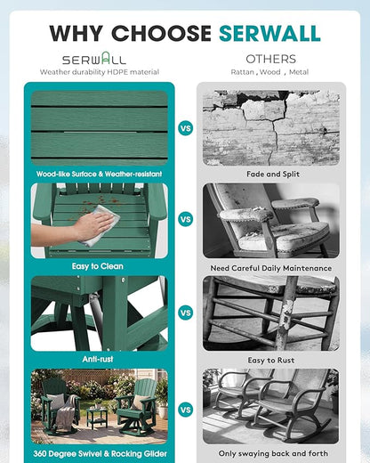SERWALL Adirondack Swivel Glider, HDPE Glider for Outdoor, All-Weather Glider Rocking Chair for Porch, Balcony, Green