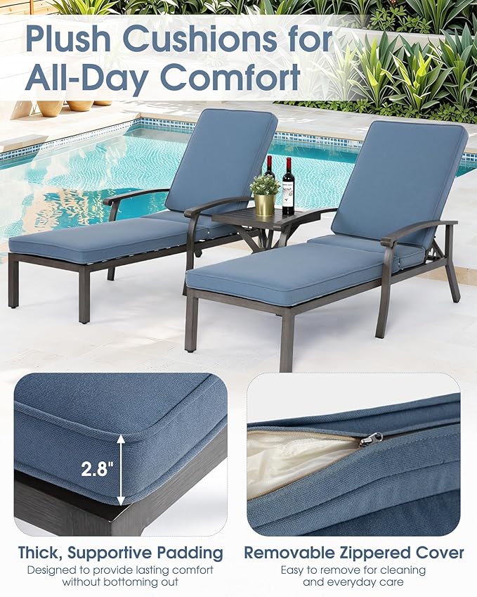 HOMEFUN Chaise Lounge Chair Set of 2, Hand-Finished Wood Grain Cast Aluminum Reclining Loungers with Cushions - Photo 6