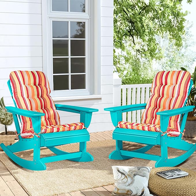 Sundale Outdoor Adirondack Rocking Chair with Cushion, HDPE Patio Plastic All Weather Adirondack Rocker, Water Resistant for Outside, Garden, Pool, Yard, Turquoise