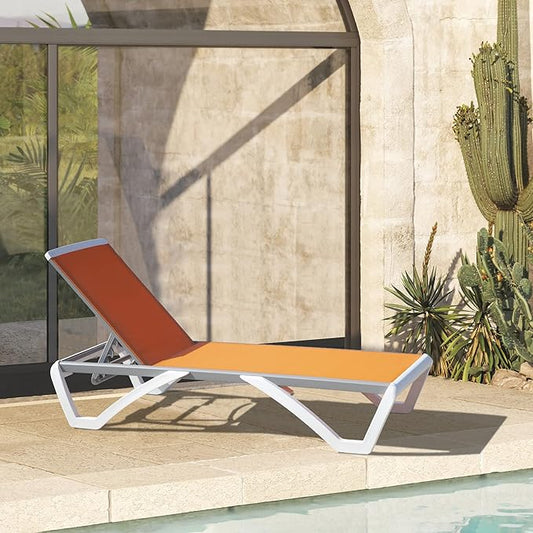 Domi Outdoor Lounge Chair, Aluminum Lounge Chair for Outside with 5 Position Adjustable Backrest, Outdoor Chaise Lounge for Beach, Yard, Balcony, Poolside(1 Orange Chair W/O Table)