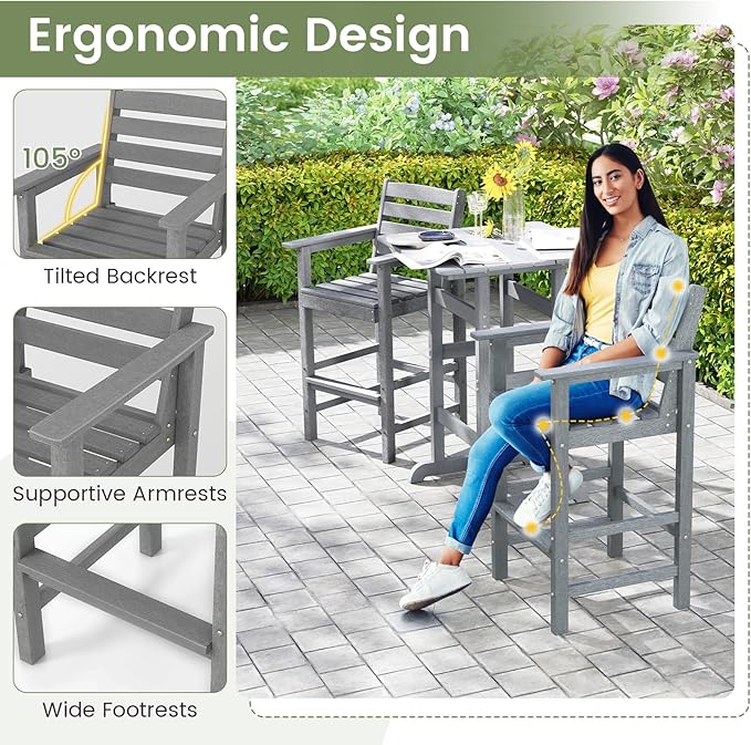 Giantex 29” Bar Stools Set of 2, HDPE Barstools w/Back, Armrests & Footrests, Max Load 330Lbs, Counter Height Bar Stools - Photo 4