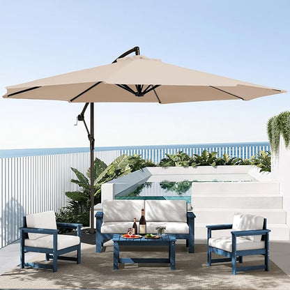SERWALL 4 Pieces HDPE Outdoor Sofa Set with 10FT Patio Umbrella, All Weather Use Loveseat Furniture Sofa Set, Outdoor Conversation Couch with Coffee Table for Patio, Blue Frame with Khaki Cushions