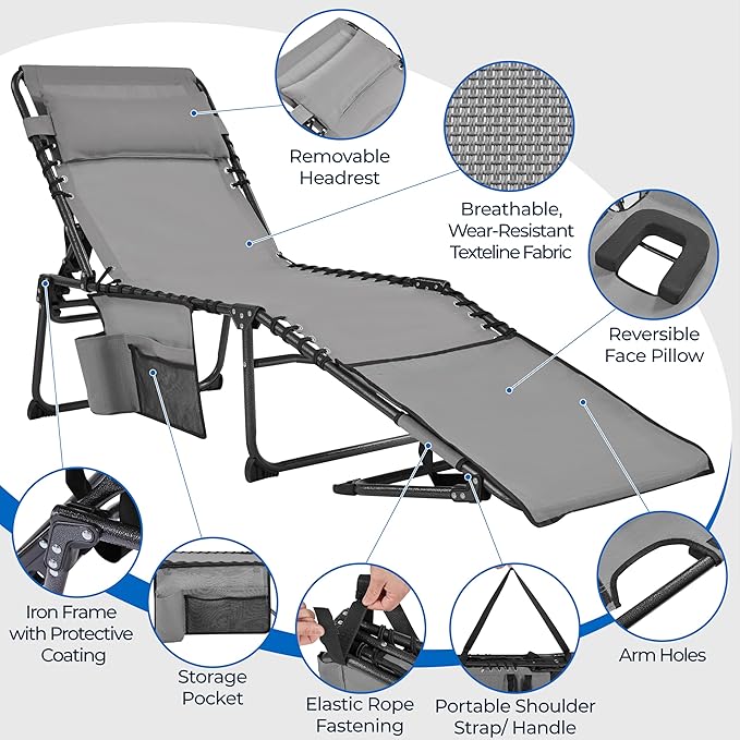 Yaheetech 22.4" Tanning Chair with Face Hole, Adjustable 5-Position Folding Chaise Lounge Chairs, Outdoor Lounge Chairs for Lawn, Beach, Sunbathing, Gray