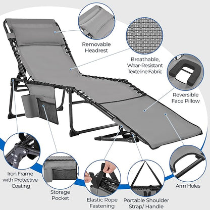 Yaheetech 22.4" Tanning Chair with Face Hole, Adjustable 5-Position Folding Chaise Lounge Chairs, Outdoor Lounge Chairs for Lawn, Beach, Sunbathing, Gray