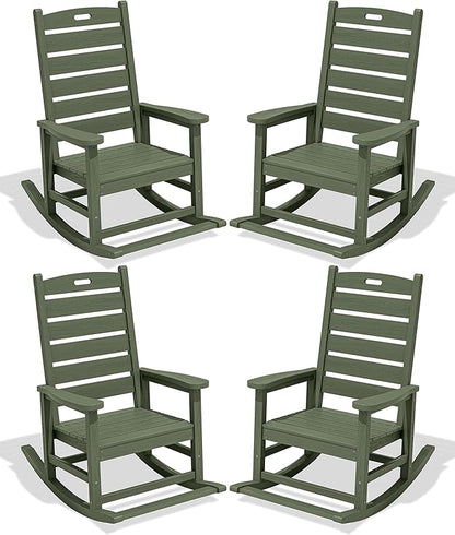 SERWALL Outdoor Rocking Chair Set of 4, Oversized HDPE Patio Rocking Chair with Footrest for Adults, All Weather Porch Rocker for Deck Patio Balcony, Avocado Green