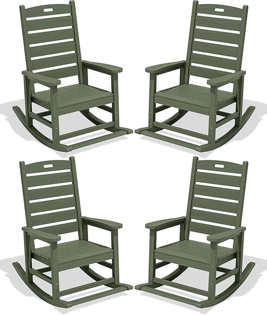 SERWALL Outdoor Rocking Chair Set of 4, Oversized HDPE Patio Rocking Chair with Footrest for Adults, All Weather Porch Rocker for Deck Patio Balcony, Avocado Green