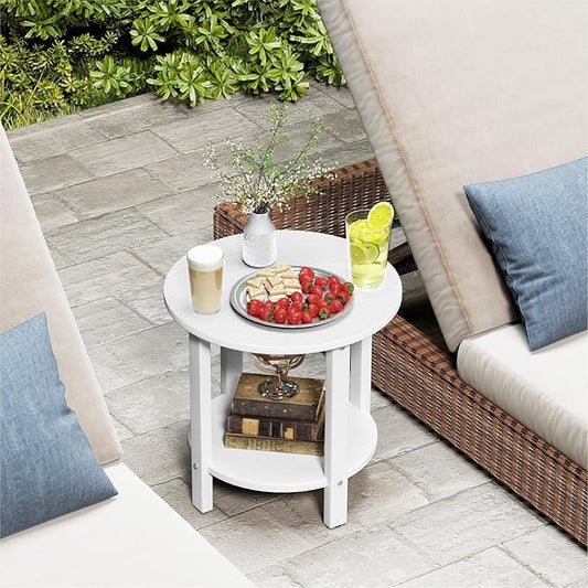 HDPE Outdoor Side Table for Patio, 18.1-Inch Weatherproof Small Outdoor Table for Adirondack, 2-Tier Round End Table for Garden Backyard Porch Deck Balcony Poolside, White