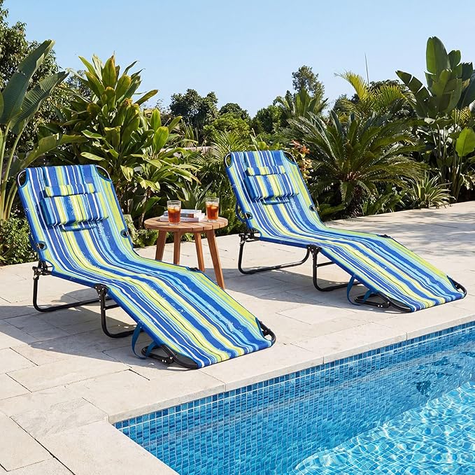 GYMAX Tanning Chair, Folding Lounge Chairs with Face Hole & Cover, Removable Pillow Carry Handle, Portable Compact Outdoor Layout Recliner for Beach, Poolside, Lawn, Patio, Camping (Blue Stripe,1)