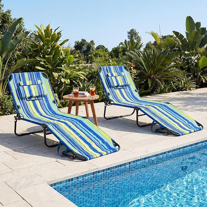 Tangkula Beach Lounge Chair, Folding Sunbathing Recliner with Face Hole, Face Down Tanning Chair with 4-Level Adjustable Backrest & 3 Removable Pillows, Chaise Lounge Chair for Patio (2, Stripe)
