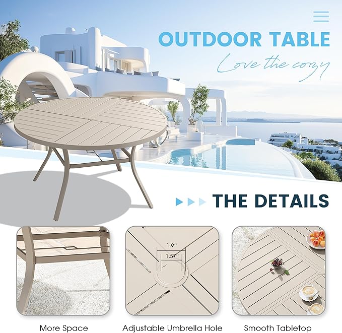 Patio Dining Table for 6-8, Round Metal Outdoor Table with Storage Shelf, 1.57" Umbrella Hole, 53" Outdoor Quartered Tabletop Dining Table for Backyard, Porch, Lawn, Sand