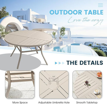Patio Dining Table for 6-8, Round Metal Outdoor Table with Storage Shelf, 1.57" Umbrella Hole, 53" Outdoor Quartered Tabletop Dining Table for Backyard, Porch, Lawn, Sand