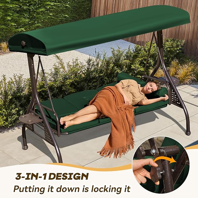 3 in 1 Patio Swing with Adjustable Canopy for Adults, 3 Seat Outdoor Swing with Thickened Cushions - Photo 5
