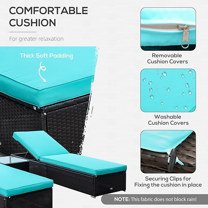 Outsunny Chaise Lounge Chair Set of 2 with 5 Angle Backrest, Outdoor Coffee Table, Water Repellent Cushions, PE Rattan Wicker Poolside Chairs, 3-Piece Pool Furniture Set, Dark Brown/Turquoise