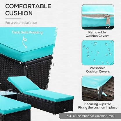 Outsunny Chaise Lounge Chair Set of 2 with 5 Angle Backrest, Outdoor Coffee Table, Water Repellent Cushions, PE Rattan Wicker Poolside Chairs, 3-Piece Pool Furniture Set, Dark Brown/Turquoise