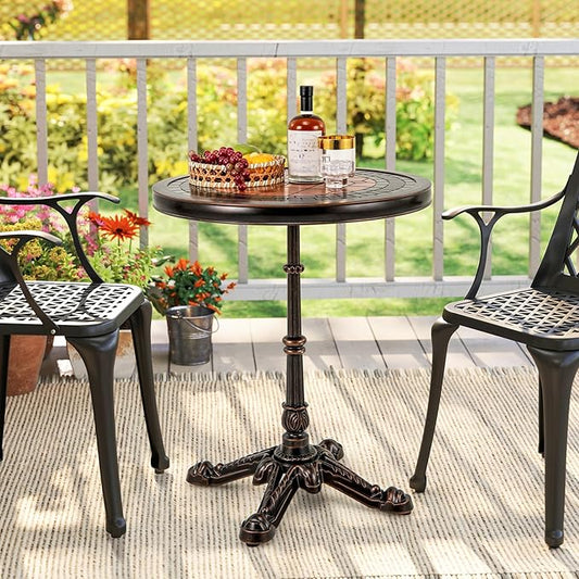 Tangkula 24" Round Patio Dining Table, Weather-Resistant Cast Aluminum Outdoor Table with Carved Texture & Painted Top, for Balcony, Garden, Backyard, Poolside