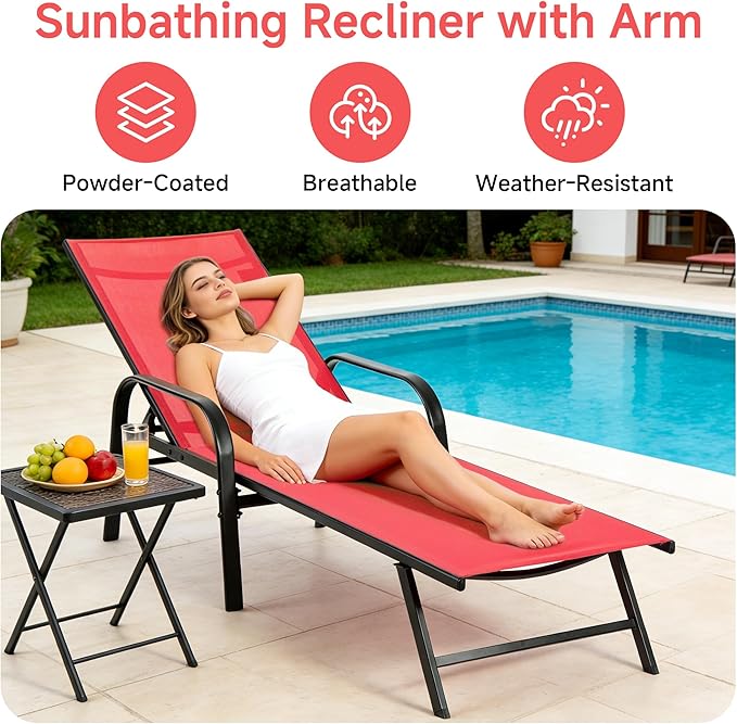 DUMOS 5-Position Foldable Adjustable Chaise Lounge Chair with Armrests, Sturdy Metal Frame Outdoor Sun Recliner for Patio, Backyard, Poolside, Classic Red