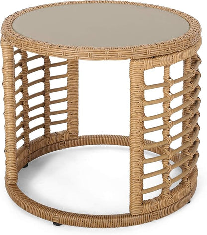 F-Light Rattan Side Tables, Outdoor Round Rattan Coffee Table with Tempered Glass Top for Porch Bistro Set, Brown