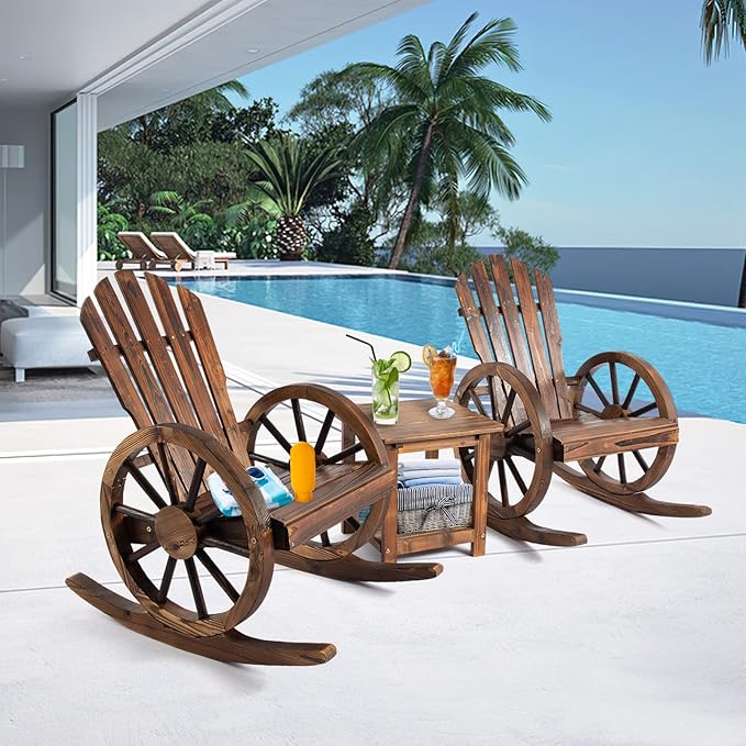 3 PCs Patio Rocking Chair Set, Outdoor Wooden Rocker Bistro Set with Coffee Table Wagon Wheel Rustic Chairs for Garden Country Yard