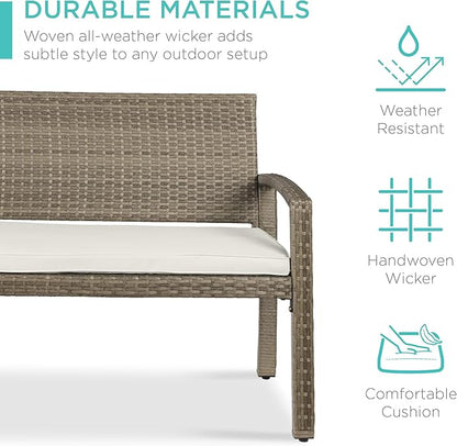Best Choice Products Outdoor Bench 2-Person Wicker Garden Patio Benches Seating Furniture for Backyard, Porch w/Seat Cushion, 700lb Capacity - White Sand/Taupe