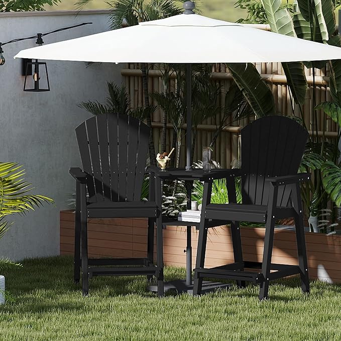 FOOWIN Tall Adirondack Chair Set of 8, All Weather HDPE Bar Height Adirondack Chair with Double Connecting Trays, Adirondack Barstools for Balcony, Deck, Backyard, Patio, Garden Black