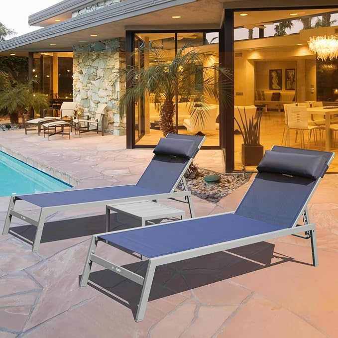 Domi Outdoor Lounge Chairs Set of 3, Upgraded Aluminum Chaise Lounge Chair W/ 5 Adjustable Positions - Photo 1