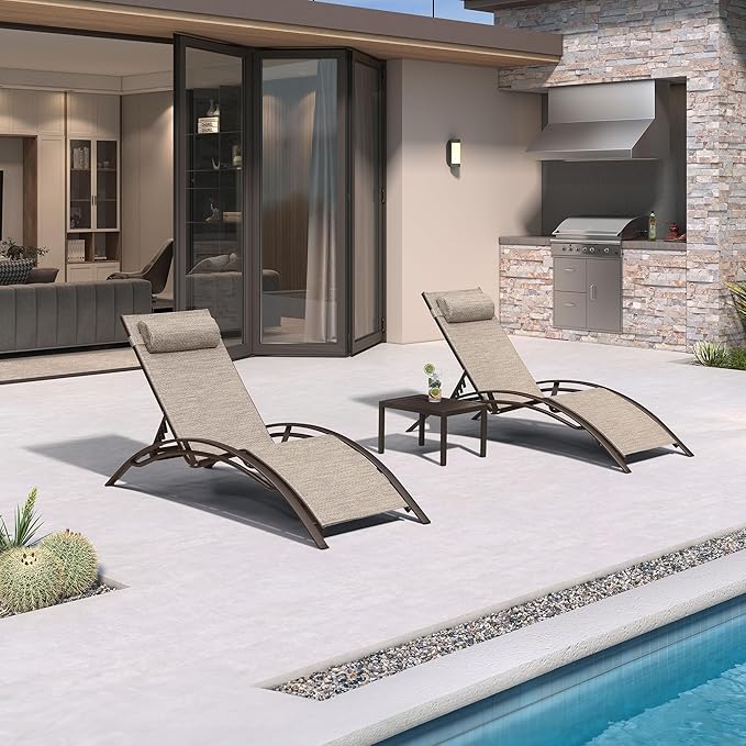 PURPLE LEAF Outdoor Chaise Lounge Chair Set of 3 Patio Pool Lounger Bronze Aluminum Chairs with Side Table Adjustable Tanning Recliner for Outside Backyard Yard Deck Balcony Beach Ivory Granite