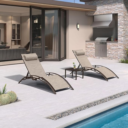 PURPLE LEAF Outdoor Chaise Lounge Chair Set of 3 Patio Pool Lounger Bronze Aluminum Chairs with Side Table Adjustable Tanning Recliner for Outside Backyard Yard Deck Balcony Beach Ivory Granite