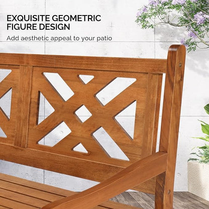 VINGLI 50" Outdoor Wood Bench, Weatehr Resistant Wooden Garden Patio Bench with Comfortable Backrest & Curved Armrest, 800lb Capacity Loveseat for Front Porch Park Yard Deck (Natural, Geometric)