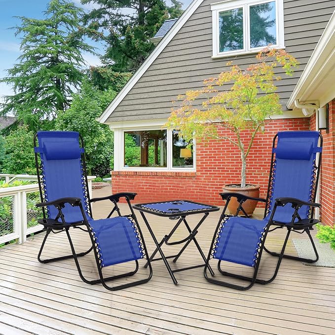 Athena Collection Zero Gravity Outdoor Lounge Chair Set of 2 with Side Table, 25" Width Pool Lounge Lawn Chairs Reclining with Cup Holder, Outdoor Chaise for Beach Patio Backyard Outside, Blue