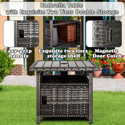 Outdoor Patio Side Table with Umbrella Hole Small Grey Wicker Umbrella Stand Table with 2 Weight Bags for Outside End Storage Coffee Table with Poly Lumber Top for Pool Garden Balcony Deck