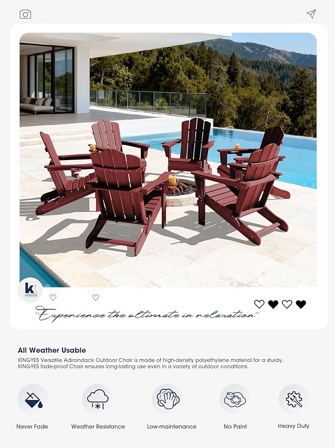 KINGYES Folding Adirondack Chair Set of 4, HDPE All-Weather Patio Chairs with Cup Holder - Photo 5