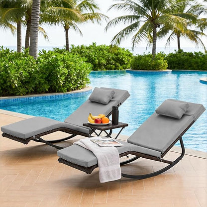 Outdoor Lounge Chair Set of 3, Patio Chaise Lounger with Folding Table and Adjustable Headrest, Easy 4-Step Assembly, All-Weather PE Rattan & Steel Frame for Pool, Patio, Porch, Backyard(Gray)