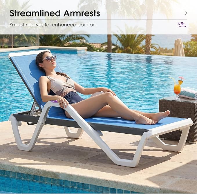 PURPLE LEAF Patio Chaise Lounge Set of 2 Plastic Pool Outdoor Lounge Chair with Armrest Stackable Poolside Tanning Chairs for Beach Deck Yard Sunbathing, Royal Blue