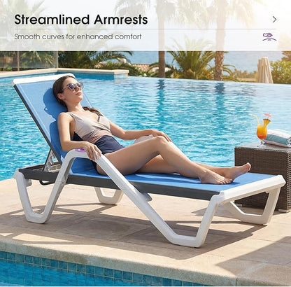 PURPLE LEAF Patio Chaise Lounge Set of 2 Plastic Pool Outdoor Lounge Chair with Armrest Stackable Poolside Tanning Chairs for Beach Deck Yard Sunbathing, Royal Blue