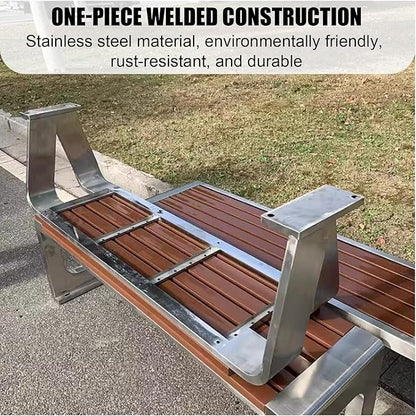 Outdoor Garden Bench, Metal Garden Bench, Stainless Steel and Wood-Look Finish, High Load Capacity, for Balcony, Pool, Lawn, Porch, Outside Brown 100cm/39.4in