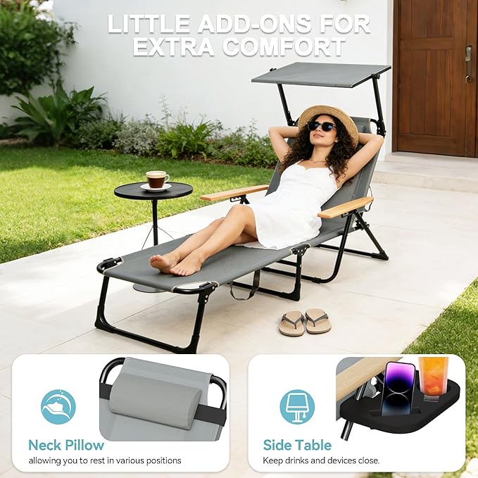 Outdoor Chaise Lounge Chair with 4-Position Adjustable Backrest,Patio Folding Sun Tanning Chair,Pillow & Cup Holder,Portable Recliner Sunbathing Lounger Chairs for Beach Garden (Grey with Shade)