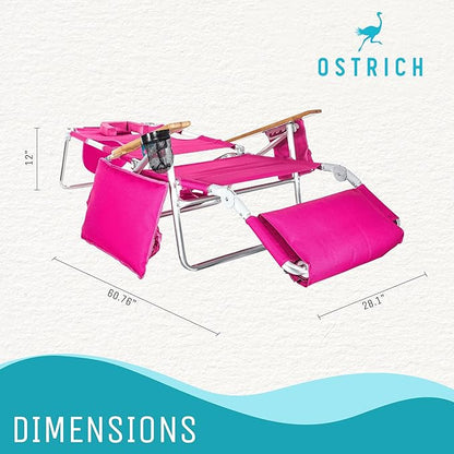 Ostrich the Deluxe 3N1 Lightweight Lawn Beach Reclining Lounge Chair with Footrest, Outdoor Furniture for Patio, Balcony, Backyard, or Porch, Pink