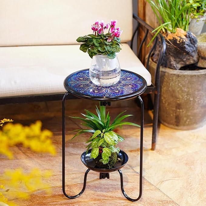 Modern Mosaic Mandala Pattern Glass Patio Table with Bottom Tray - Outdoor Side, Small Accent for Yard, Porch, Garden, Living Room, Coffee Tea, Plant Stand (Blue Mandala)
