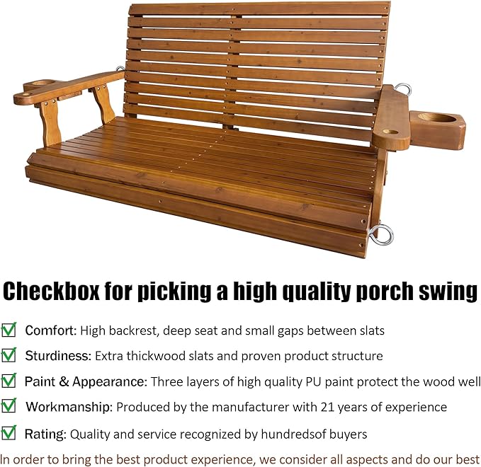 Wooden Porch Swing 2-Seater, High Backrest and Deep Seat, Bench Swing with Cupholders, Hanging Chains and 7mm Springs - Photo 3