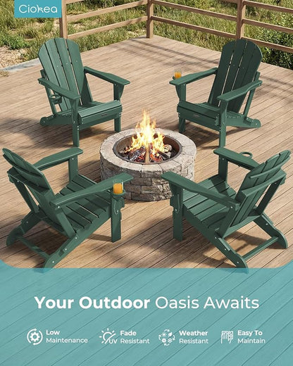 Ciokea Folding Adirondack Chair Wood Texture, Patio Adirondack Chair Weather Resistant, Plastic Fire Pit Chair with Cup Holder, Lawn Chair for Outdoor Porch Garden Backyard Deck (Green)