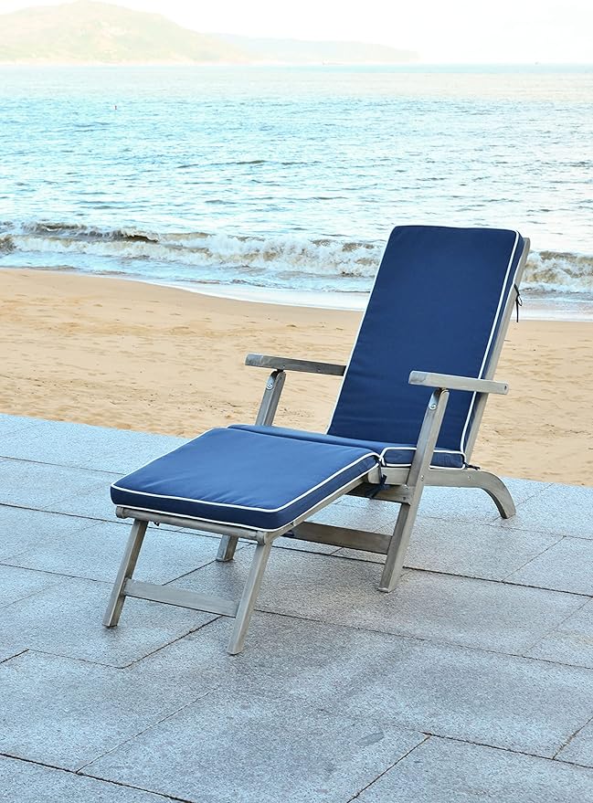 SAFAVIEH Outdoor Collection Palmdale Grey Solid Wood/Navy Cushion Chaise Lounge Chair (PAT7015B)