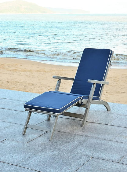 SAFAVIEH Outdoor Collection Palmdale Grey Solid Wood/Navy Cushion Chaise Lounge Chair (PAT7015B)
