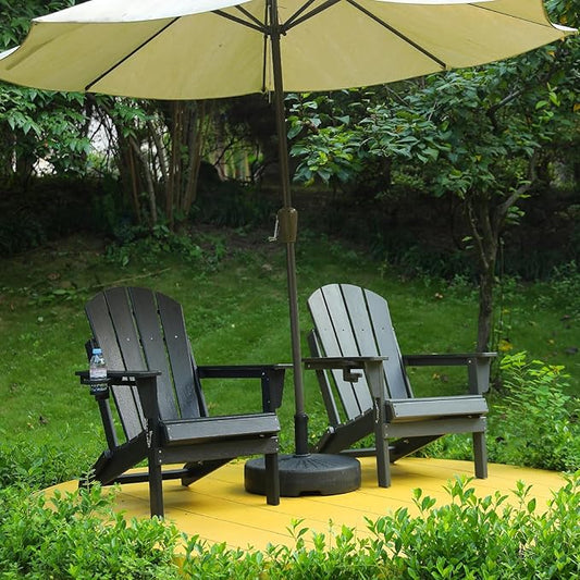 KORZEY HDPE Folding Adirondack Chair with Dual Cup Holder, Composite Adirondack Chair with Wood Texture (Black, Set of 2)