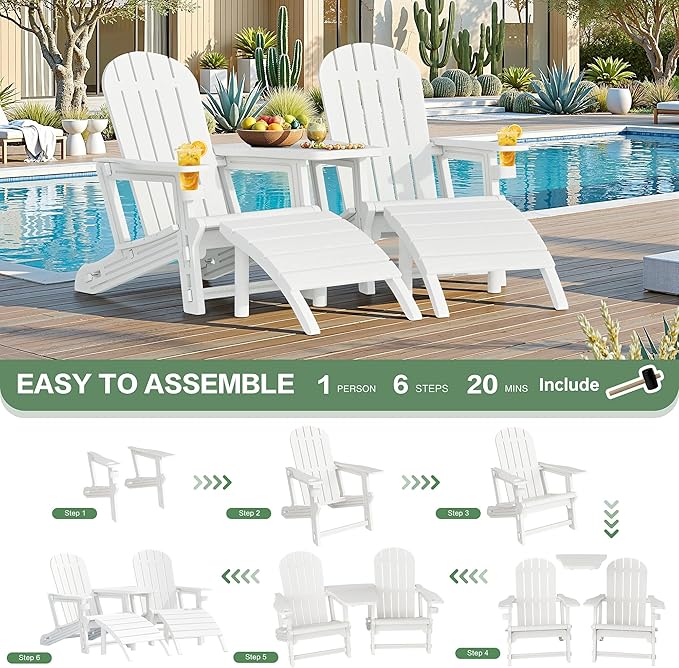 JY QAQA Outdoor Adirondack Chair Set of 2 with Detachable Table & Ottoman, All-Weather HDPE Patio Furniture with Wood Texture & Cup Holder for Patio, Poolside, Garden, White