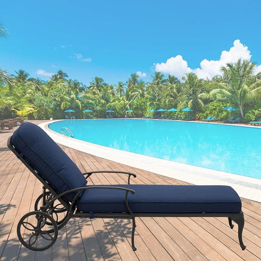 Chaise Lounge Outdoor Chair with Wheels, Adjustable Reclining Rust-Resistant Aluminum Cast Poolside Chaise Lounge Furniture with Waterproof Denim Blue Cushion (1pc)