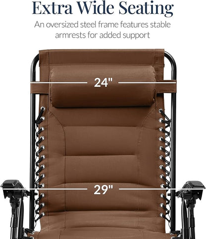Best Choice Products Oversized Padded Zero Gravity Chair, Folding Outdoor Patio Recliner, XL Anti Gravity Lounger for Backyard w/Headrest, Cup Holder, Side Tray, Polyester Mesh - Dark Brown