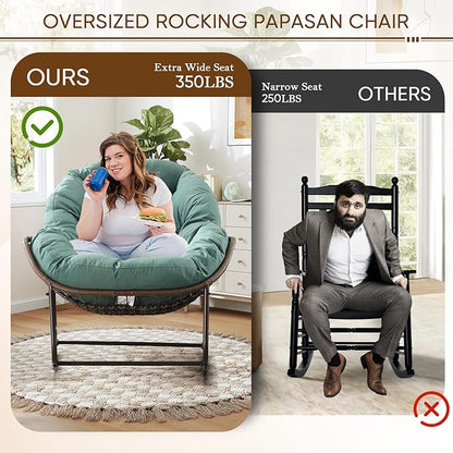 Large Indoor Outdoor Rocking Chair, Oversized Rocking Papasan Chair with Thick Cushion and Frame Outdoor Rocker, Comfy Wicker Egg Chairs Lounge for Outside Porch Patio Backyard Balcony, Light Green